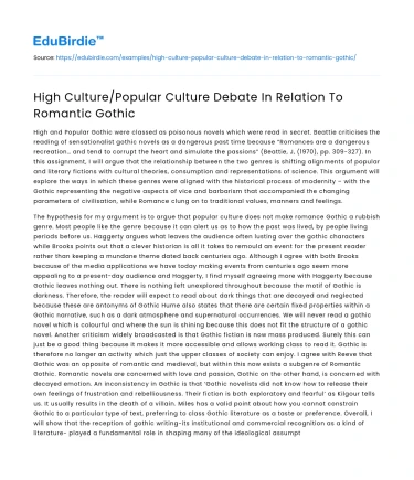 High Culture/Popular Culture Debate In Relation To Romantic Gothic
