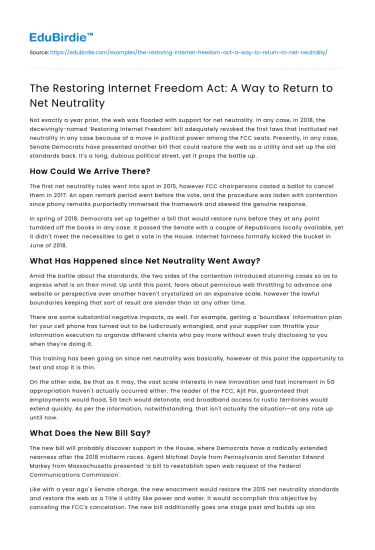 The Path to Net Neutrality: Restoring Internet Freedom