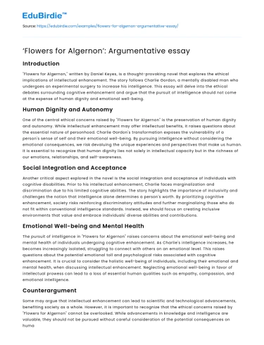 ‘Flowers for Algernon’: Argumentative essay