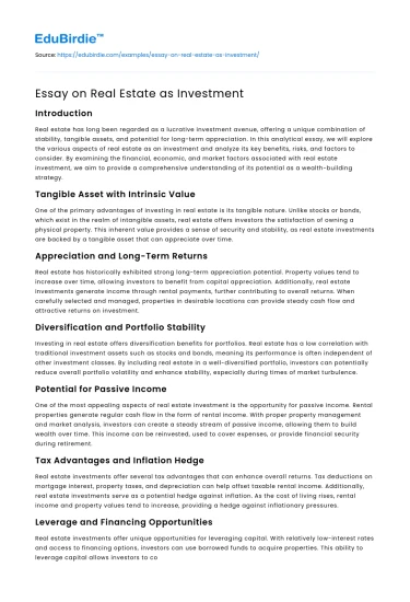 Essay on Real Estate as Investment