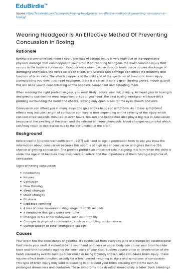 Wearing Headgear Is An Effective Method Of Preventing Concussion In Boxing