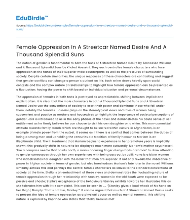 Female Oppression In A Streetcar Named Desire And A Thousand Splendid Suns