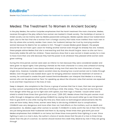 Medea: The Treatment To Women In Ancient Society