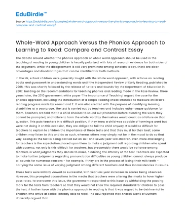 Whole-Word vs Phonics Approach in Reading: A Comparison