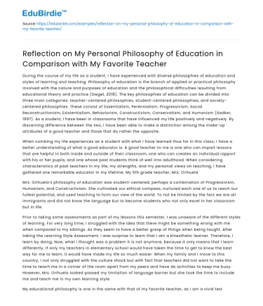 Personal Philosophy of Education in Comparison with My Favorite Teacher