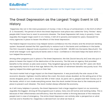 The Great Depression as the Largest Tragic Event in US History