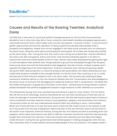 Causes and Results of the Roaring Twenties: Analytical Essay