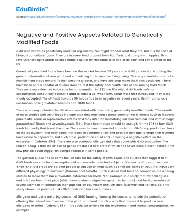 Negative and Positive Aspects Related to Genetically Modified Foods