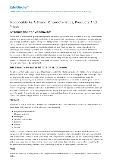 Mcdonalds As A Brand: Characteristics, Products And Prices