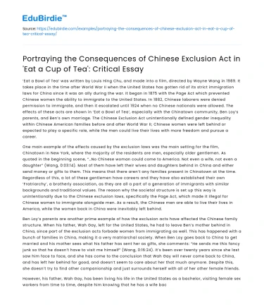 Consequences of Chinese Exclusion Act in ‘Eat a Cup of Tea’