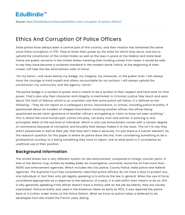 Ethics And Corruption Of Police Officers