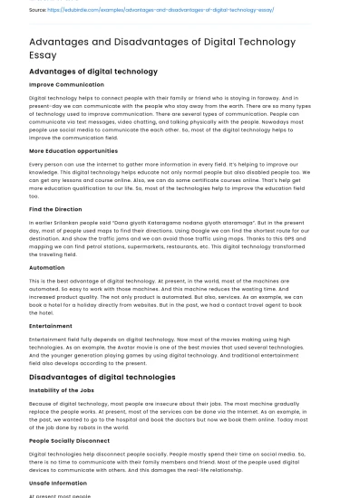 Advantages and Disadvantages of Digital Technology Essay