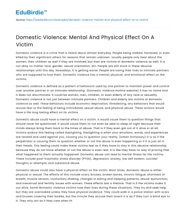 Domestic Violence: Mental And Physical Effect On A Victim