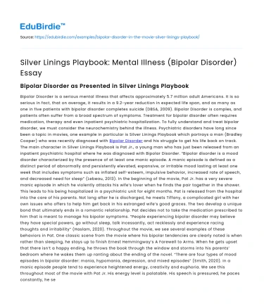 Silver Linings Playbook: Mental Illness (Bipolar Disorder) Essay