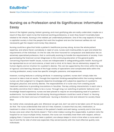 Nursing as a Profession and Its Significance: Informative Essay