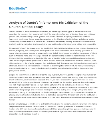 Dante’s ‘Inferno’ Critique of the Church: Critical Analysis