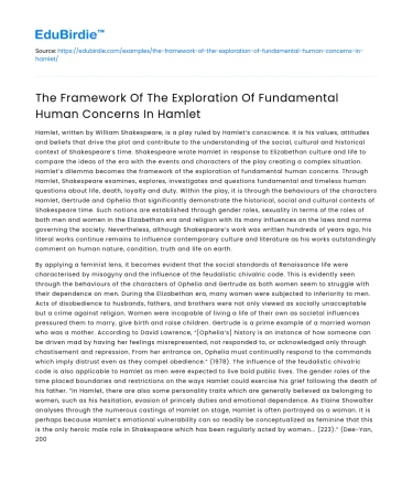 The Framework Of The Exploration Of Fundamental Human Concerns In Hamlet