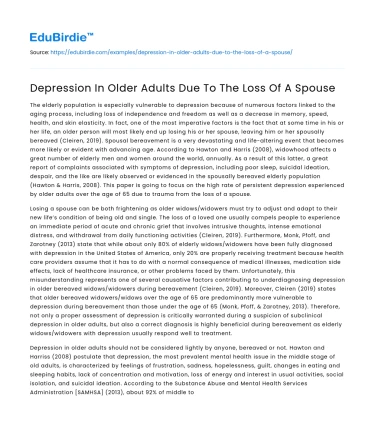 Depression In Older Adults Due To The Loss Of A Spouse