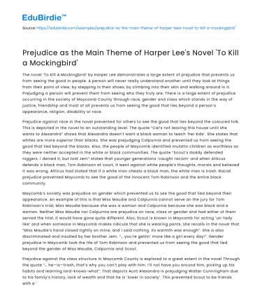 Prejudice as the Main Theme of Harper Lee’s Novel ‘To Kill a Mockingbird’