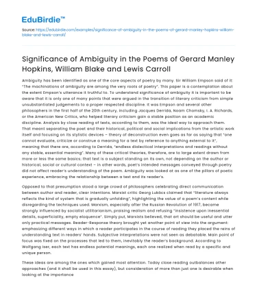 Importance of Ambiguity in Hopkins, Blake, and Carroll’s Poems