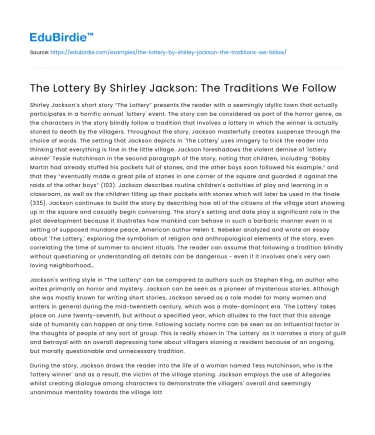 The Lottery By Shirley Jackson: The Traditions We Follow