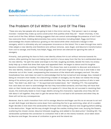 The Problem Of Evil Within The Lord Of The Flies
