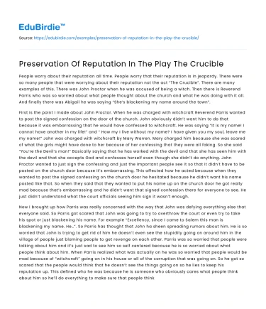 Preservation Of Reputation In The Play The Crucible