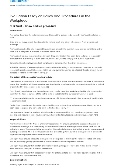 Evaluation Essay on Policy and Procedures in the Workplace