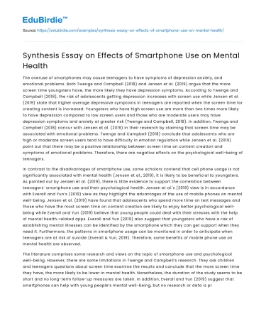Synthesis Essay on Effects of Smartphone Use on Mental Health