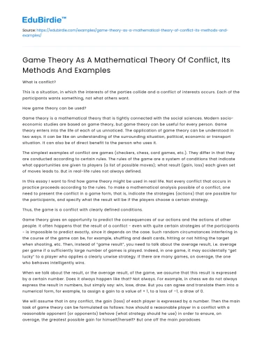 Game Theory As A Mathematical Theory Of Conflict, Its Methods And Examples
