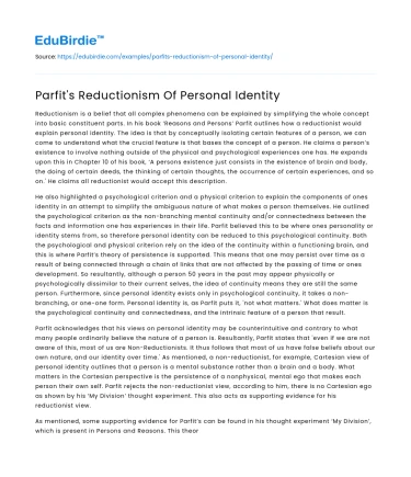 Parfit’s Reductionism Of Personal Identity