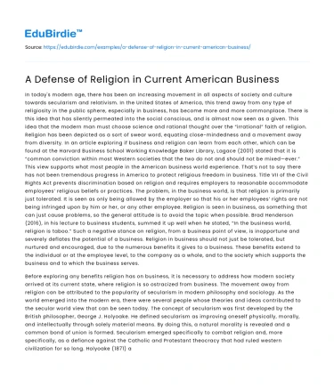 A Defense of Religion in Current American Business