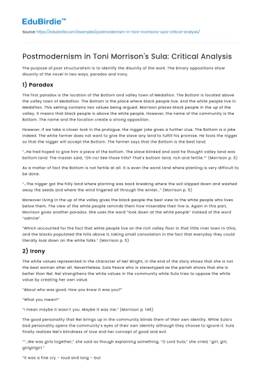 Postmodernism in Toni Morrison’s Sula: Critical Analysis