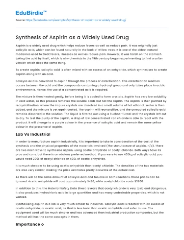 Synthesis of Aspirin as a Widely Used Drug