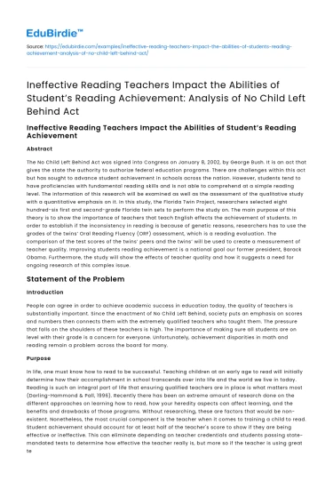 Reading Teachers Impact Student Reading under No Child Left Behind
