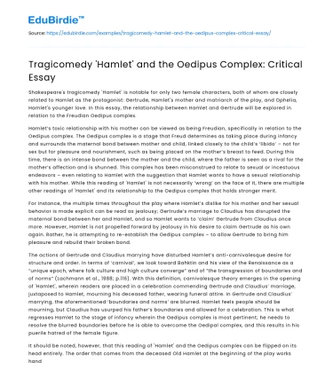 Tragicomedy ‘Hamlet’ and the Oedipus Complex: Critical Essay