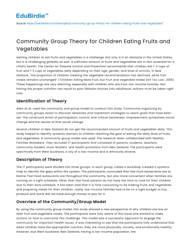 Community Group Theory for Children Eating Fruits and Vegetables