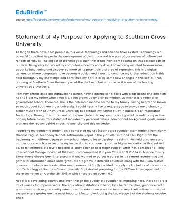 Statement of My Purpose for Applying to Southern Cross University
