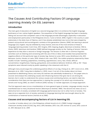 Causes of Language Learning Anxiety in ESL Learners