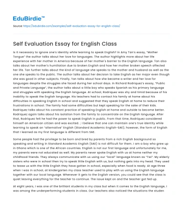Self Evaluation Essay for English Class