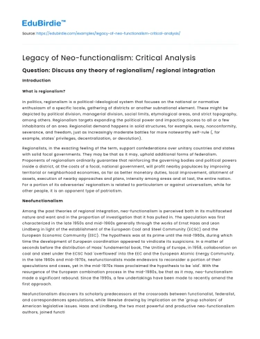 Legacy of Neo-functionalism: Critical Analysis