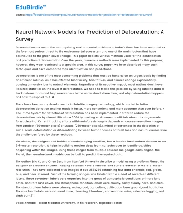 Neural Network Models for Prediction of Deforestation: A Survey