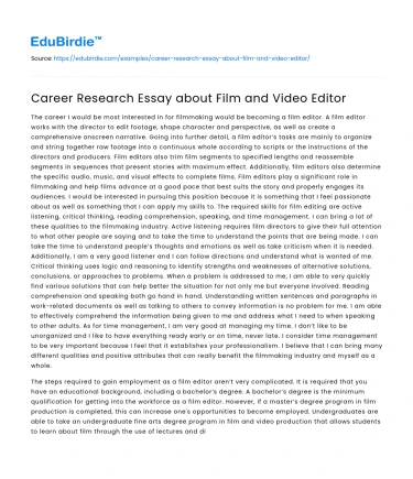 Career Research Essay about Film and Video Editor
