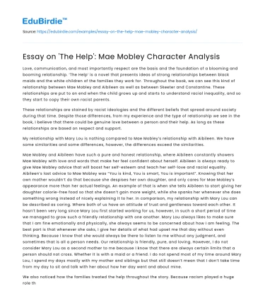 Essay on ‘The Help’: Mae Mobley Character Analysis