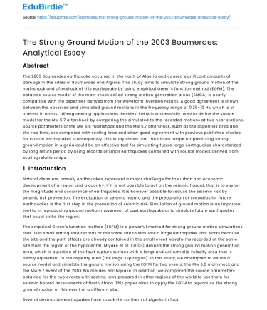 The Strong Ground Motion of the 2003 Boumerdes: Analytical Essay