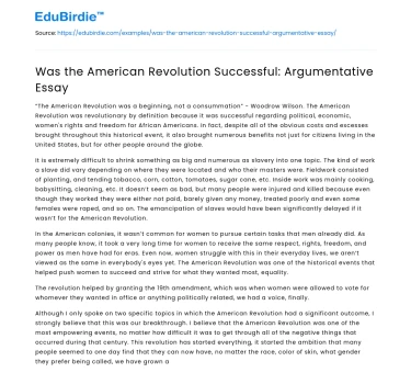 Was the American Revolution Successful: Argumentative Essay