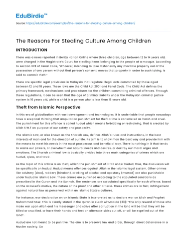 The Reasons For Stealing Culture Among Children