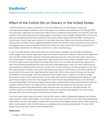 Effect of the Cotton Gin on Slavery in the United States