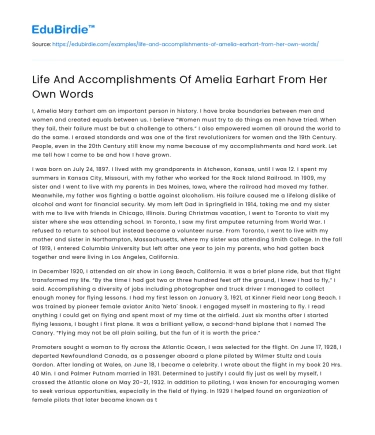 Life And Accomplishments Of Amelia Earhart From Her Own Words