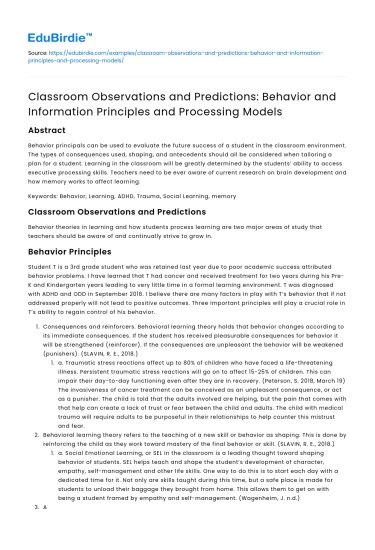 Classroom Observations: Behavior and Information Processing Models
